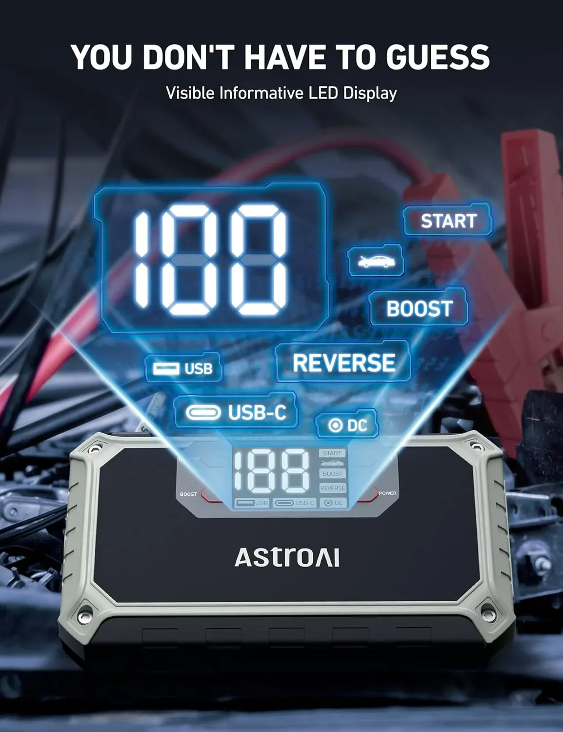 جهاز تشغيل بطارية السيارة AstroAI ‏8 في 1، 2000 أمبير، 12 فولت مع شاشة LEDAstroAI AHET118GY 8-in-1 Jump Starter 2000A (صورة 2)