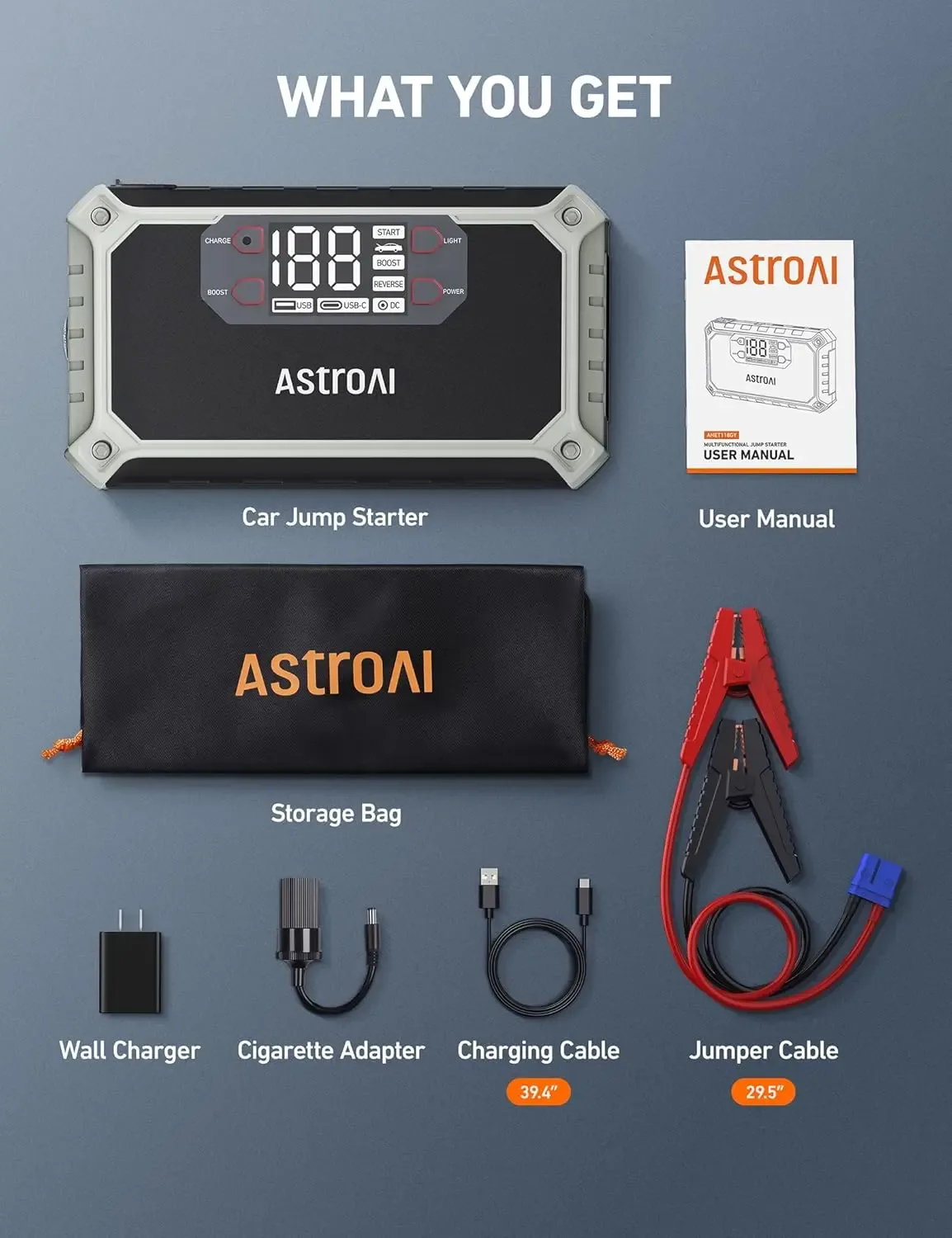 جهاز تشغيل بطارية السيارة AstroAI ‏8 في 1، 2000 أمبير، 12 فولت مع شاشة LEDAstroAI AHET118GY 8-in-1 Jump Starter 2000A (صورة 6)