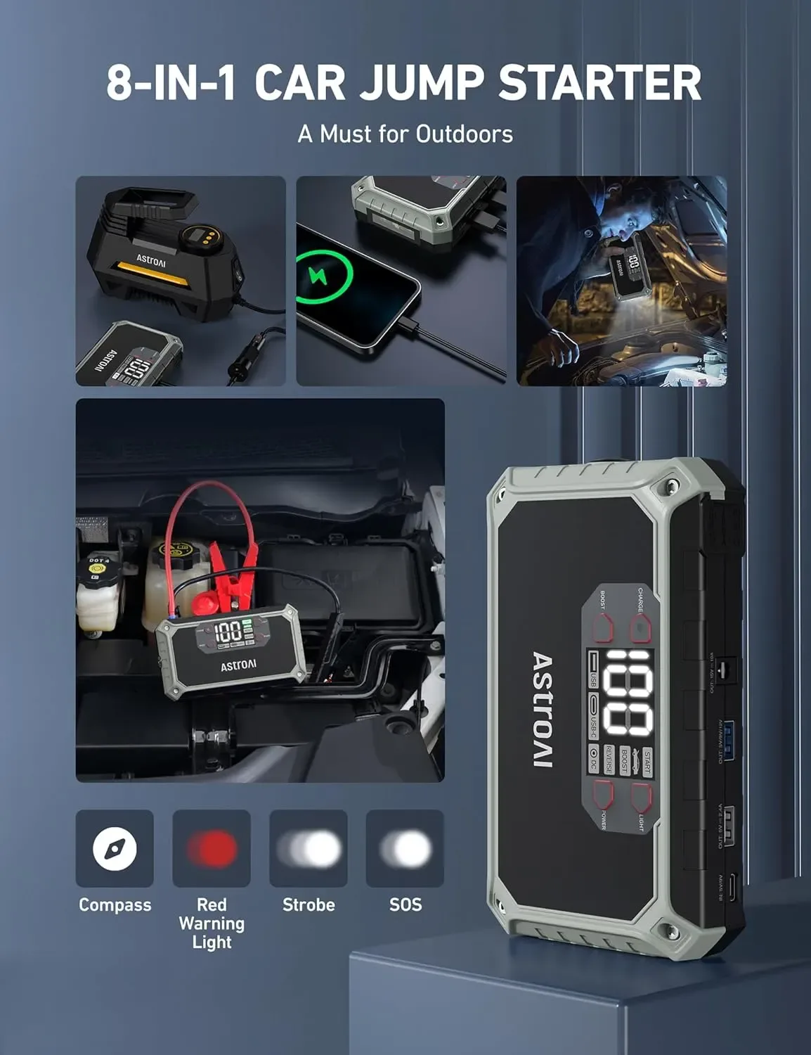 جهاز تشغيل بطارية السيارة AstroAI ‏8 في 1، 2000 أمبير، 12 فولت مع شاشة LEDAstroAI AHET118GY 8-in-1 Jump Starter 2000A (صورة 4)