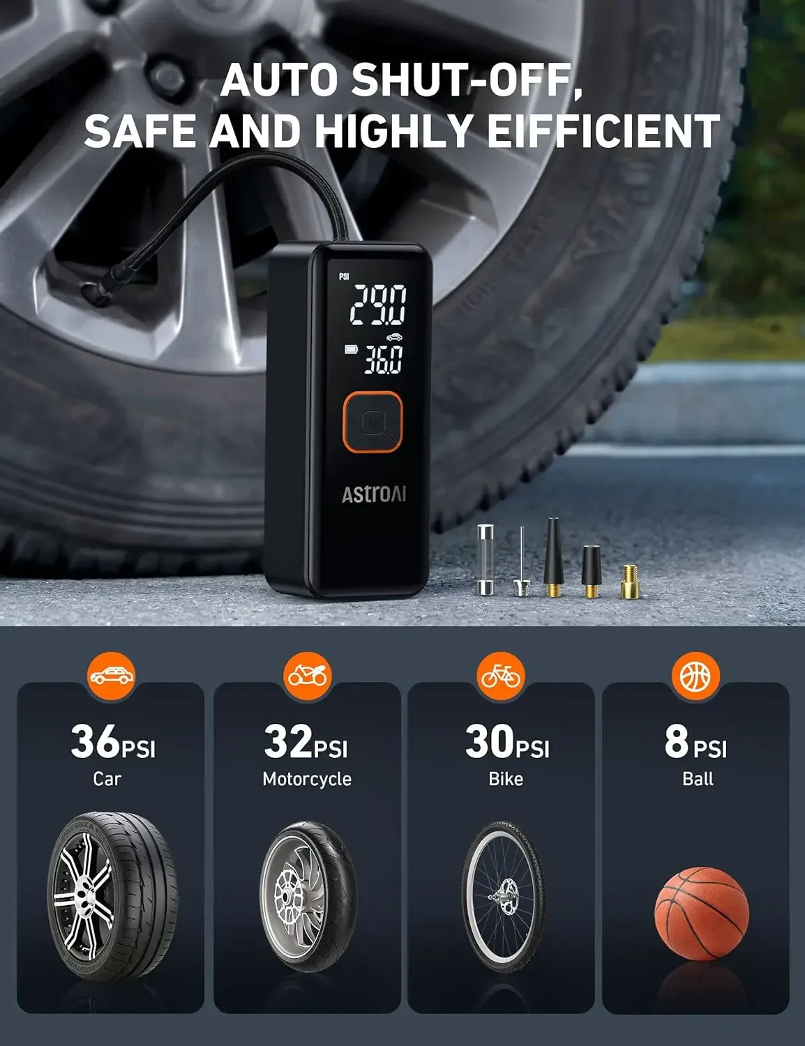 منفاخ إطارات شحن AstroAI  ببطارية 6600 مللي أمبير - 150 PSI Tire Inflator Portable Air Compressor (صورة 3)