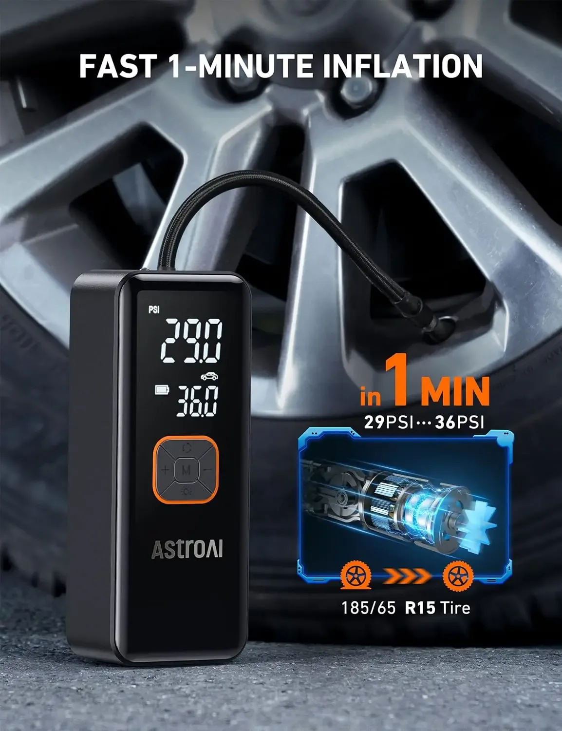 منفاخ إطارات شحن AstroAI  ببطارية 6600 مللي أمبير - 150 PSI Tire Inflator Portable Air Compressor (صورة 4)