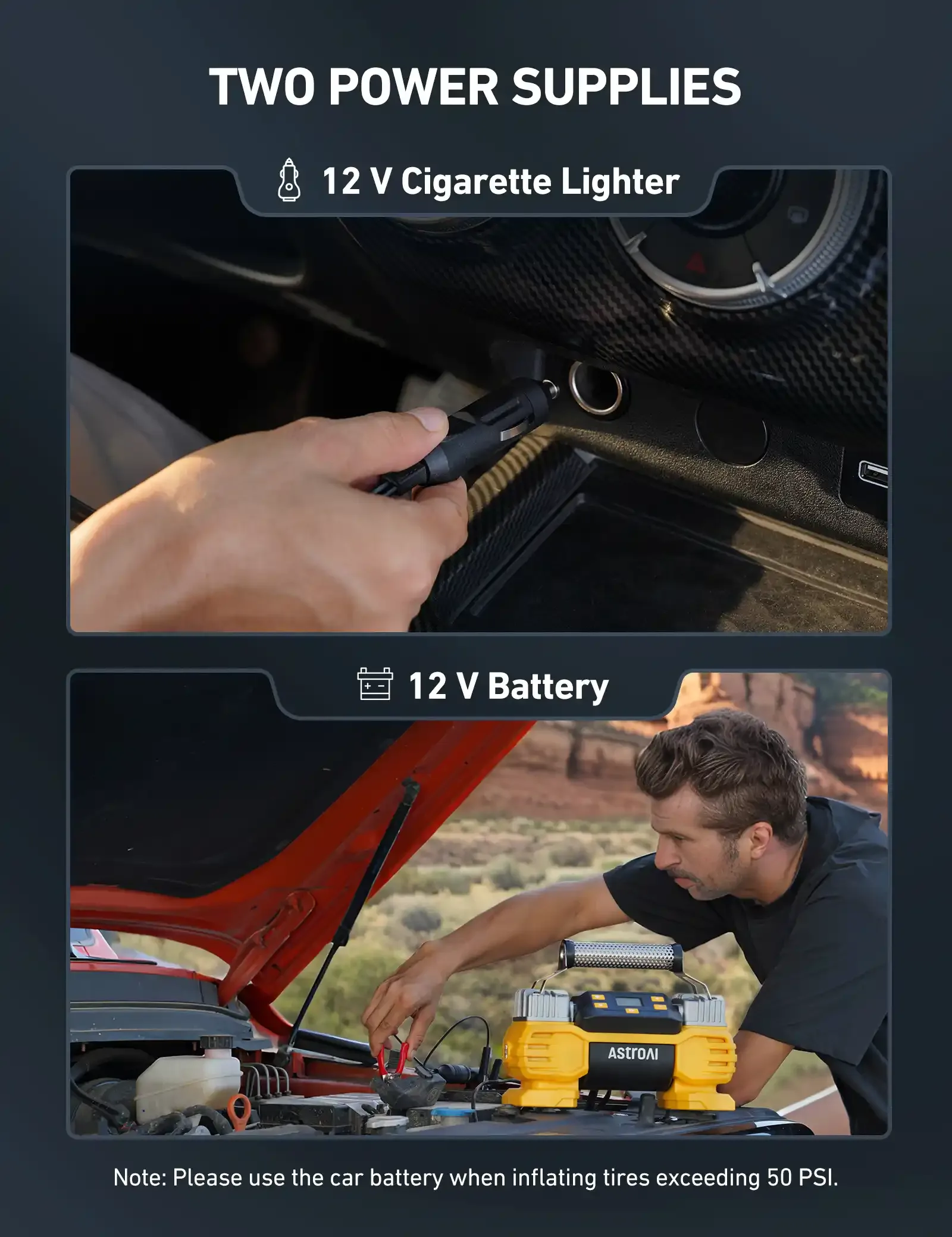 منفاخ هواء محمول AstroAI لنفخ إطارات السيارات – شاشة رقمية – محركان – 12V AstroAI Portable Air Compressor & Tire Inflator (صورة 6)