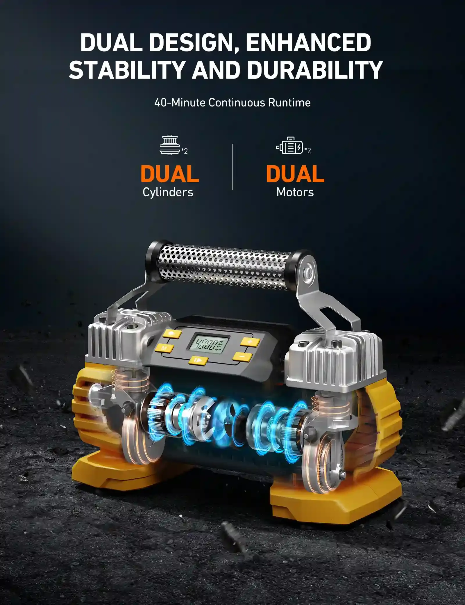 منفاخ هواء محمول AstroAI لنفخ إطارات السيارات – شاشة رقمية – محركان – 12V AstroAI Portable Air Compressor & Tire Inflator (صورة 3)