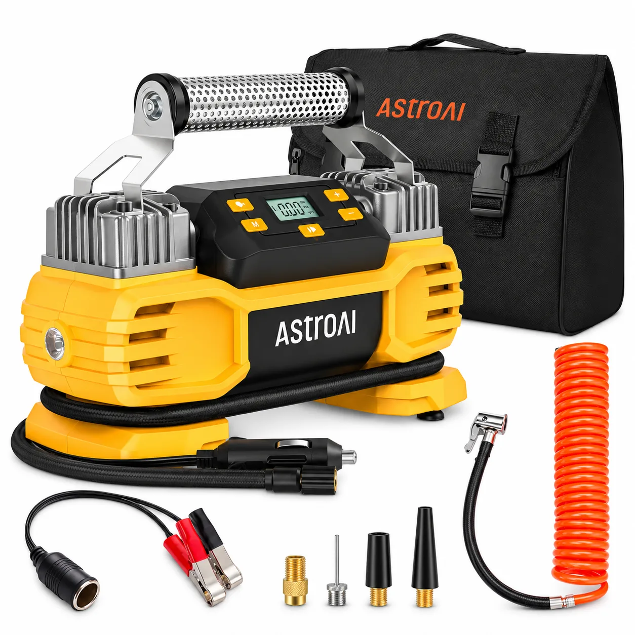 منفاخ هواء محمول AstroAI لنفخ إطارات السيارات – شاشة رقمية – محركان – 12V AstroAI Portable Air Compressor & Tire Inflator (صورة 1)