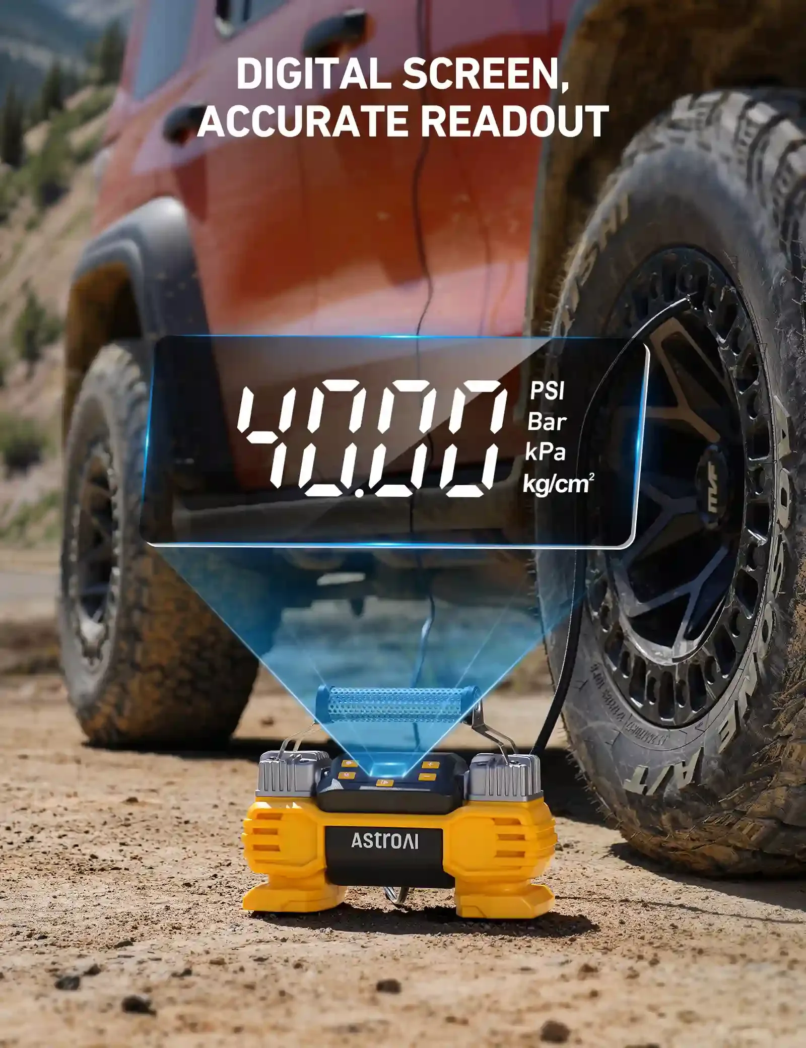 منفاخ هواء محمول AstroAI لنفخ إطارات السيارات – شاشة رقمية – محركان – 12V AstroAI Portable Air Compressor & Tire Inflator (صورة 2)